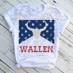 Wallen Bull Skull Blue Red Stars Splatter T-Shirt Short Sleeve Funny Graphic Tee